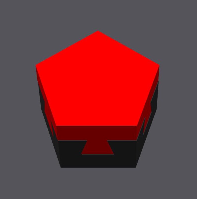May include: A red and black pentagonal box with a flat top. The box is closed and has a geometric design.