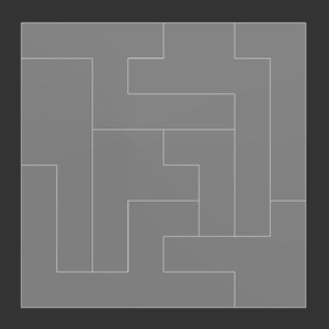 May include: A gray puzzle with a geometric design. The puzzle is composed of several rectangular and L-shaped pieces, creating an abstract pattern. The pieces are outlined with thin white lines, and the background is dark gray.