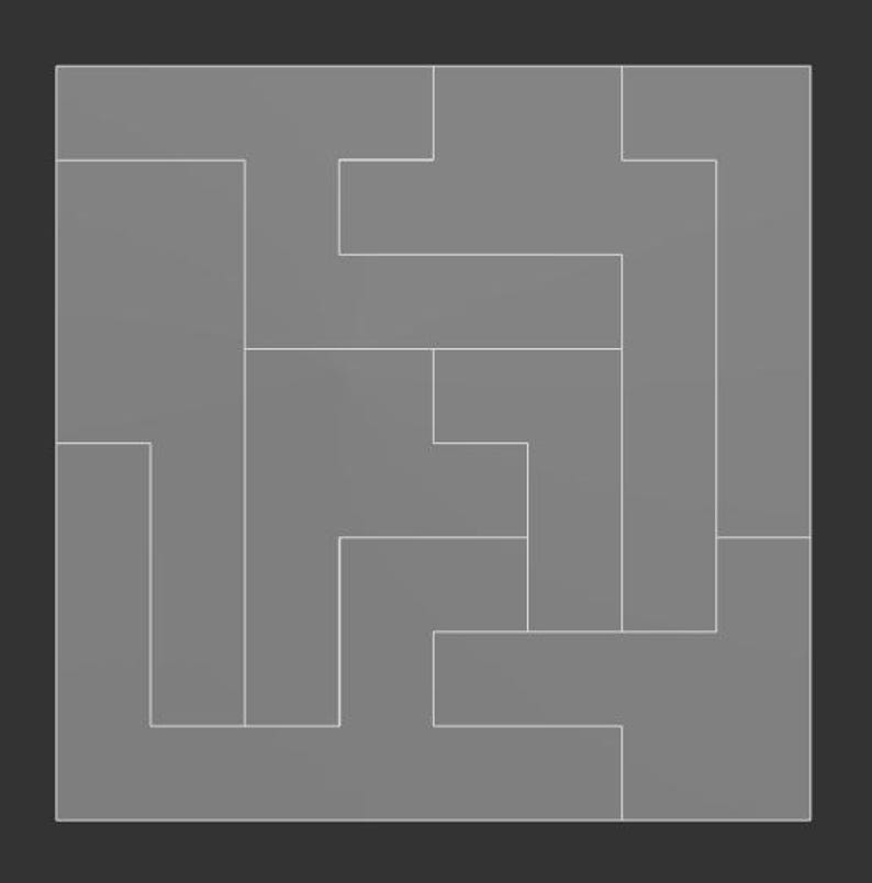 May include: A gray puzzle with a geometric design. The puzzle is composed of several rectangular and L-shaped pieces, creating an abstract pattern. The pieces are outlined with thin white lines, and the background is dark gray.