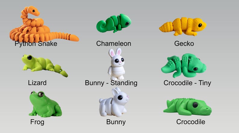 Puede incluir: Un conjunto de nueve juguetes de animales de pl&aacute;stico coloridos y segmentados. Los animales incluyen una serpiente pit&oacute;n, un camale&oacute;n, un gecko, un lagarto, un conejito, un conejito de pie, un cocodrilo, un cocodrilo peque&ntilde;o y una rana.
