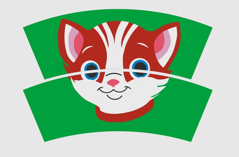 May include: A cartoon cat face with red and white fur, blue eyes, and a pink nose is centered on a green background. The cat has a smiling expression and a red collar. The design is on a curved shape.