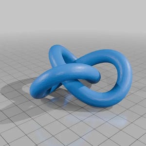 May include: A blue, abstract, 3D printed sculpture in the shape of a knot. The sculpture is made of a smooth, plastic material and has a glossy finish.