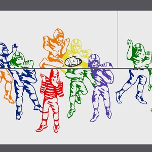 Pu&ograve; includere: Un'illustrazione colorata di un gruppo di giocatori di football in varie pose, con uno schema di colori arcobaleno. I giocatori indossano tutti maglie e pantaloni, e alcuni tengono un pallone da football.