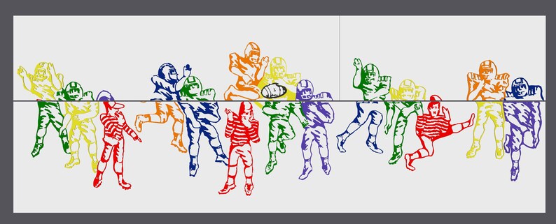 Pu&ograve; includere: Un'illustrazione colorata di un gruppo di giocatori di football in varie pose, con uno schema di colori arcobaleno. I giocatori indossano tutti maglie e pantaloni, e alcuni tengono un pallone da football.