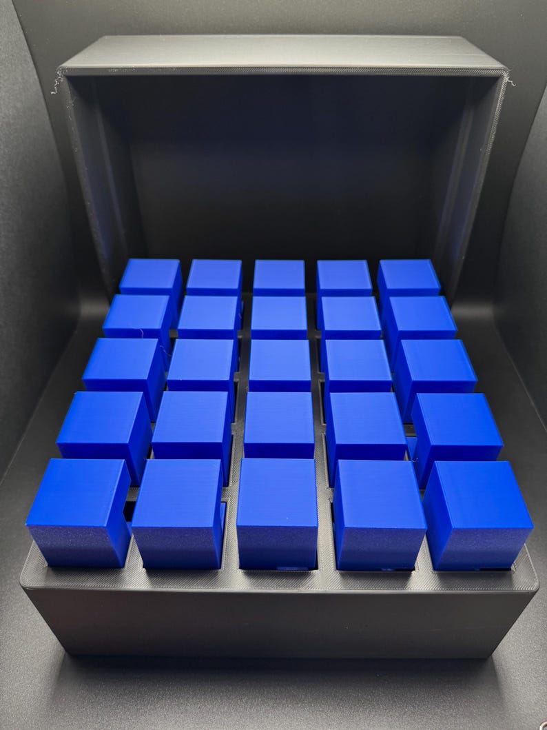 May include: A black storage box with a lid open, revealing a grid of 25 blue cube-shaped containers.
