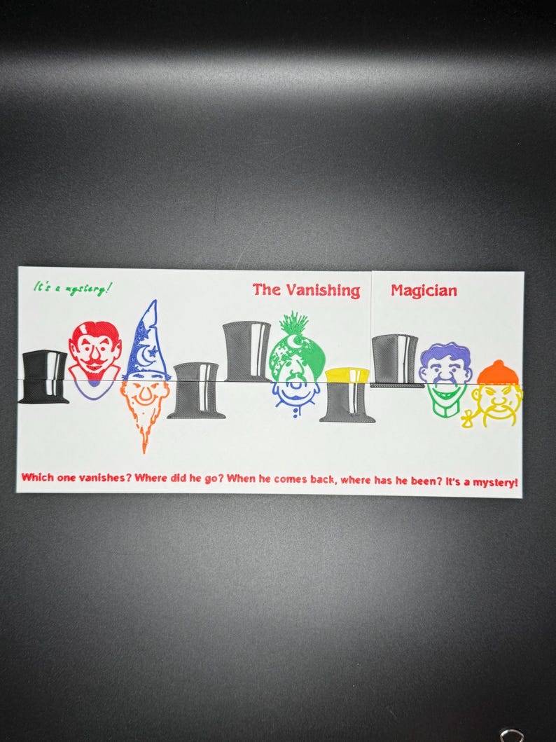 K&ouml;nnte beinhalten: Eine wei&szlig;e Karte mit einer Schwarzwei&szlig;illustration eines Zauberhut und einer Reihe von Gesichtern. Der Text auf der Karte lautet "Es ist ein R&auml;tsel! Der Verschwindende Zauberer. Welcher verschwindet? Wohin ist er gegangen? Wenn er zur&uuml;ckkommt, wo war er? Es ist ein R&auml;tsel!"