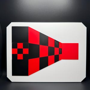 May include: Geometric abstract art piece featuring a white rectangular base with a black and red checkered design. The design includes a red square and a black and red checkered pattern, creating a visually striking composition.