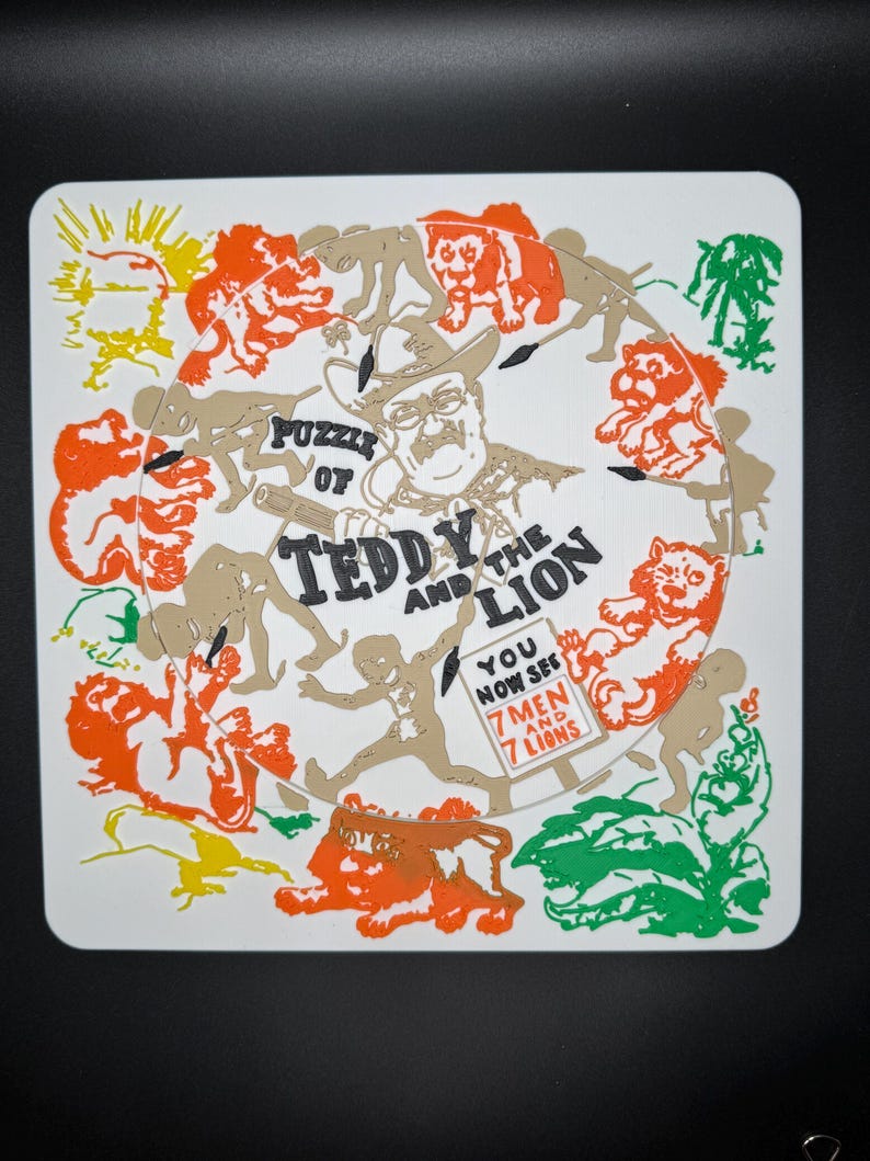 May include: A square, white puzzle featuring a circular design with the text "Puzzle of Teddy and the Lion." The design includes illustrations of lions, men, and the text "You now see 7 men and 7 lions." The puzzle has orange, green, yellow, and tan accents.