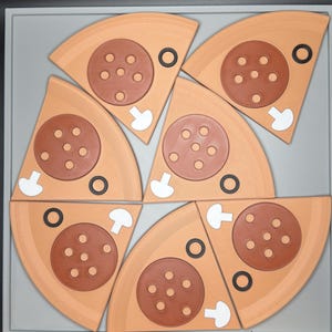 May include: Six triangular pizza slices arranged in a circular pattern. Each slice is light tan with a brown circular pepperoni topping featuring five holes, a small white mushroom slice, and a small black olive ring on the crust area.