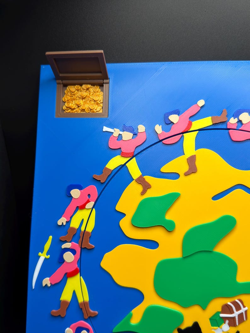 May include: A colorful, cartoonish map with a treasure chest and figures of pirates. The map features a blue background, yellow landmasses, and green islands. The figures are dressed in pink shirts, yellow pants, and brown boots. A treasure chest is open, revealing gold coins.