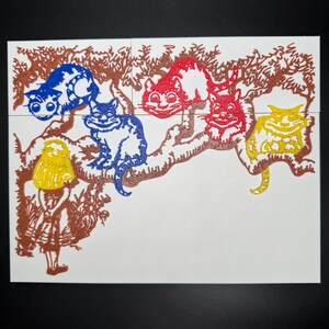 May include: A white background with a brown tree branch with five cats on it. The cats are in different colors: blue, red, yellow, and two more blue cats. A girl in a yellow dress is standing on the ground below the tree.