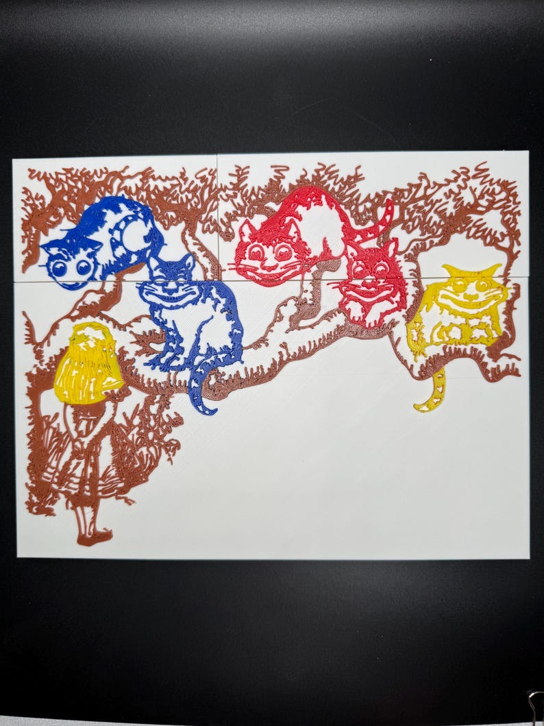 May include: A white background with a brown tree branch with five cats on it. The cats are in different colors: blue, red, yellow, and two more blue cats. A girl in a yellow dress is standing on the ground below the tree.