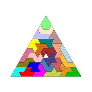 May include: A colorful geometric triangle puzzle with 20 pieces. The puzzle is made up of different shapes and colors, including red, blue, green, yellow, orange, purple, pink, and brown.
