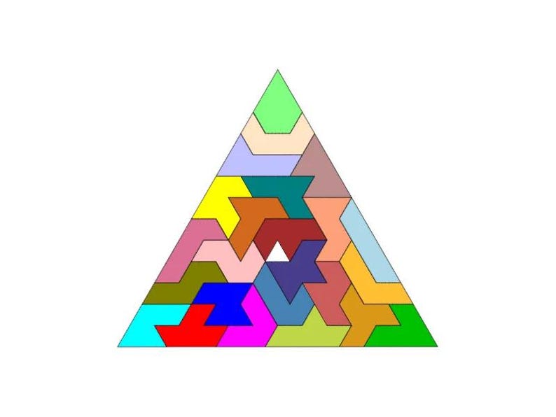 May include: A colorful geometric triangle puzzle with 20 pieces. The puzzle is made up of different shapes and colors, including red, blue, green, yellow, orange, purple, pink, and brown.