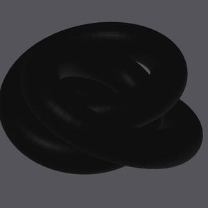May include: A black, abstract sculpture with a twisted, looped design. The object appears to be made of a smooth, solid material, with subtle highlights and shadows. The background is a solid, muted gray.