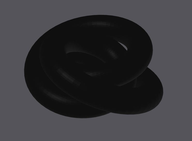 May include: A black, abstract sculpture with a twisted, looped design. The object appears to be made of a smooth, solid material, with subtle highlights and shadows. The background is a solid, muted gray.