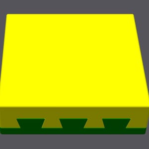 May include: A yellow square block with a green base. The base has a series of five evenly spaced, triangular cutouts.