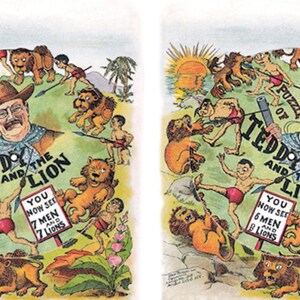 May include: A vintage cartoon illustration titled "Puzzle of Teddy and the Lion." The image features a portrait of Theodore Roosevelt surrounded by cartoon lions and men. Text includes "You now see 7 men and 7 lions."