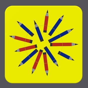 Op de afbeelding: Een gele achtergrond met een cirkel van 12 potloden die in een stervorm zijn gerangschikt. De potloden wisselen elkaar af in rood en blauw.