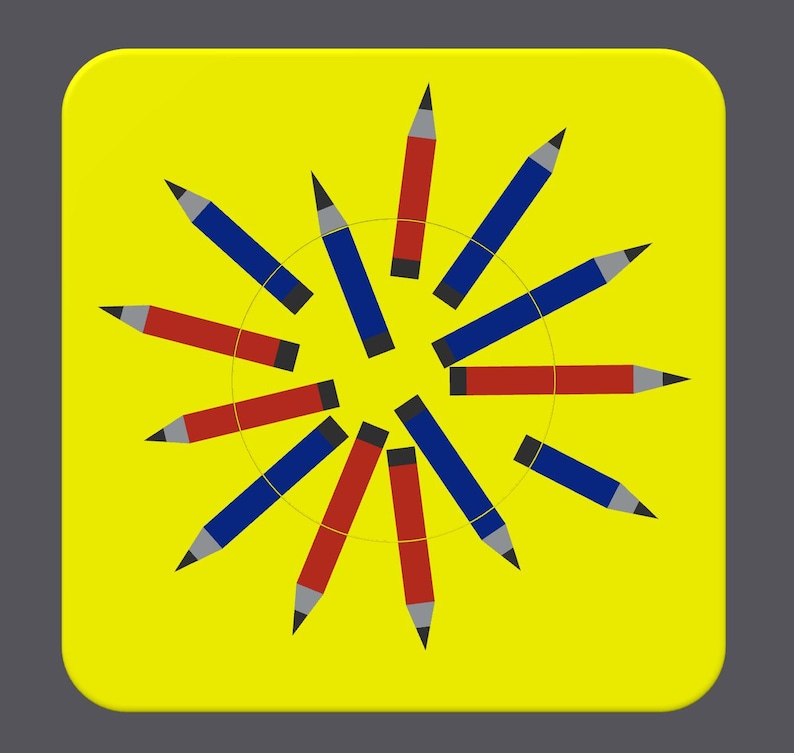 Op de afbeelding: Een gele achtergrond met een cirkel van 12 potloden die in een stervorm zijn gerangschikt. De potloden wisselen elkaar af in rood en blauw.