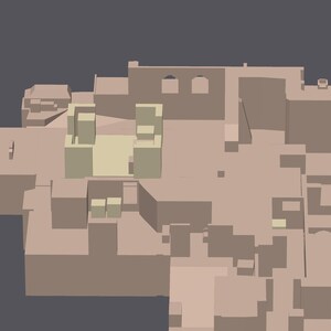 May include: A 3D model of a building with a beige exterior and a light brown roof. The building has multiple levels and a variety of rectangular windows. The building is set against a dark gray background.