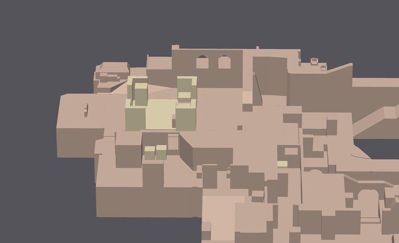 May include: A 3D model of a building with a beige exterior and a light brown roof. The building has multiple levels and a variety of rectangular windows. The building is set against a dark gray background.