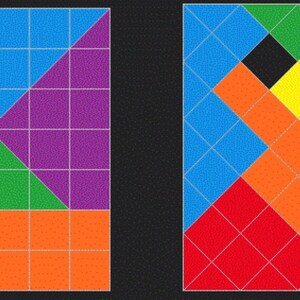 May include: Two different geometric patterns made up of squares and triangles. The first pattern is made up of yellow, blue, red, green, and purple squares and triangles. The second pattern is made up of blue, black, orange, yellow, red, and purple squares and triangles.