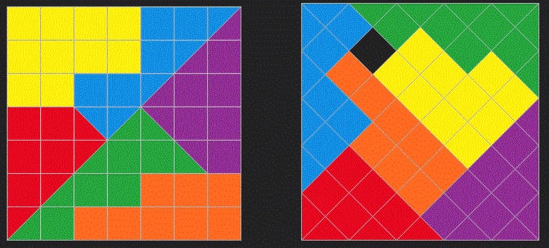 May include: Two different geometric patterns made up of squares and triangles. The first pattern is made up of yellow, blue, red, green, and purple squares and triangles. The second pattern is made up of blue, black, orange, yellow, red, and purple squares and triangles.