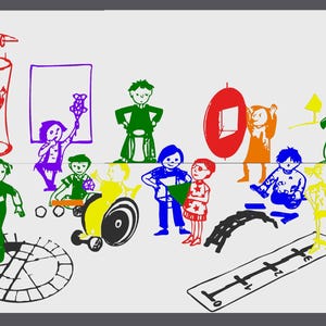 May include: A colorful illustration of children in various poses and activities. The artwork features figures in red, orange, yellow, green, blue, and purple. Some children are in a wheelchair, playing with a ball, or standing near geometric shapes.