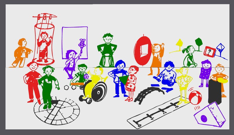 May include: A colorful illustration of children in various poses and activities. The artwork features figures in red, orange, yellow, green, blue, and purple. Some children are in a wheelchair, playing with a ball, or standing near geometric shapes.