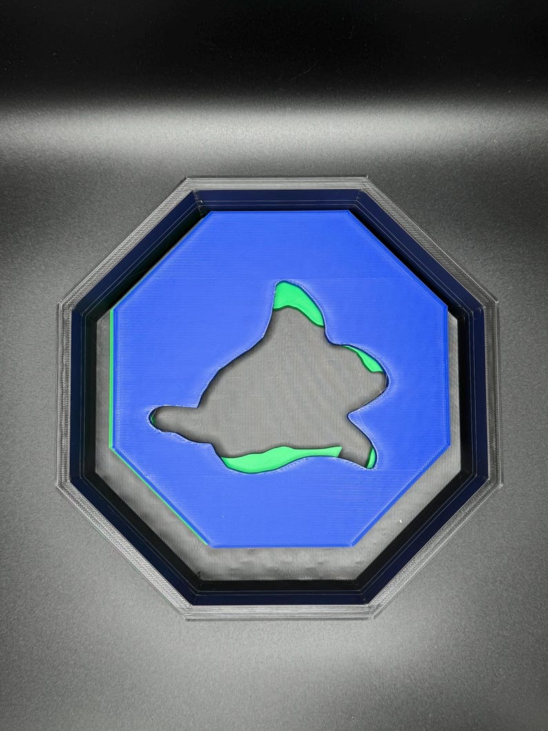 Op de afbeelding: Een blauw, achthoekig bord met een groen silhouet van een schildpad erin.