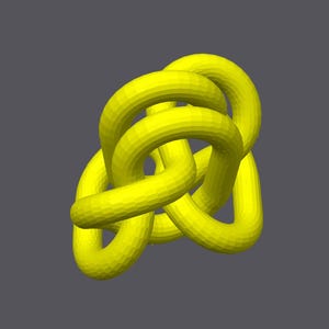 May include: A yellow 3D printed knot with a complex interwoven design. The knot is made of multiple loops that are intertwined with each other.