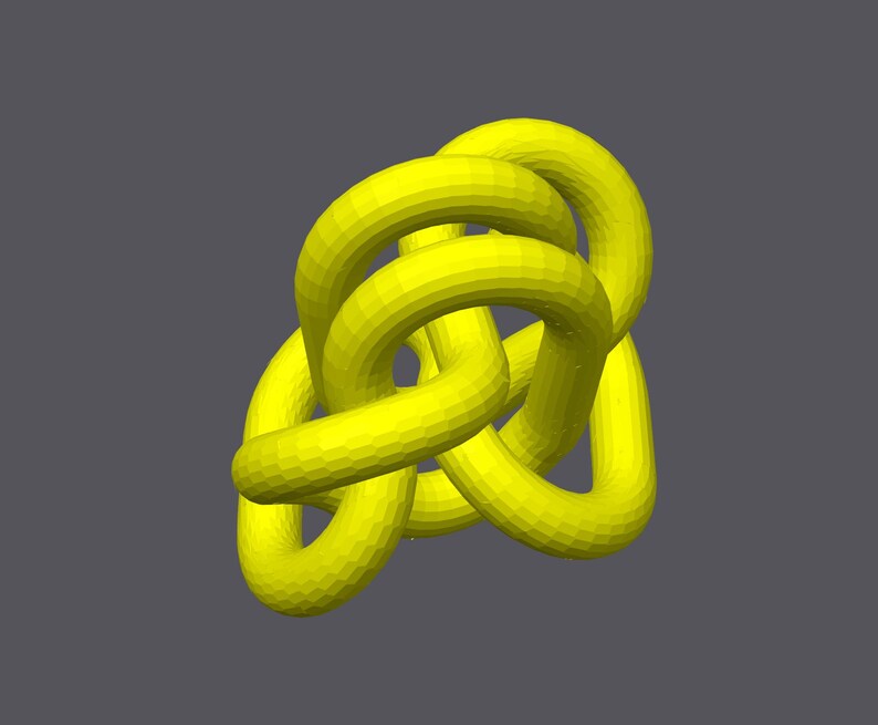 May include: A yellow 3D printed knot with a complex interwoven design. The knot is made of multiple loops that are intertwined with each other.