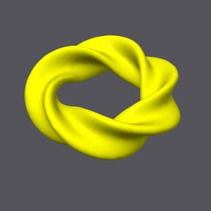 May include: A bright yellow, three-dimensional, abstract shape resembling a twisted ring or knot.