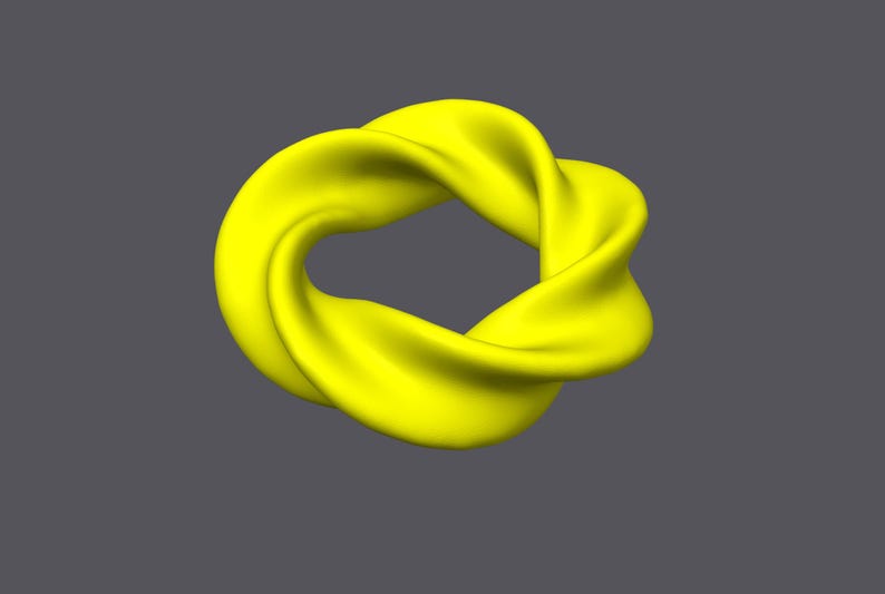 May include: A bright yellow, three-dimensional, abstract shape resembling a twisted ring or knot.