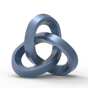 May include: A blue, three-dimensional sculpture of a trefoil knot. The interlocking loops are a solid, matte blue color, creating a visually interesting geometric design. The sculpture is set against a white background.