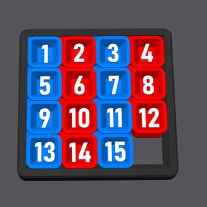 Pu&ograve; includere: Un puzzle con cornice nera e 15 tessere numerate. Le tessere sono disposte in una griglia 4x4 con una tessera mancante. Le tessere sono rosse e blu, con i numeri da 1 a 15 stampati in bianco.