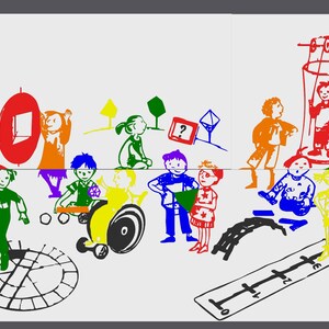 May include: A colorful illustration featuring children in various poses and activities. The artwork includes figures in green, red, blue, orange, yellow, and purple, with a wheelchair, a bridge, and a measuring tool. The style is reminiscent of a children's book.