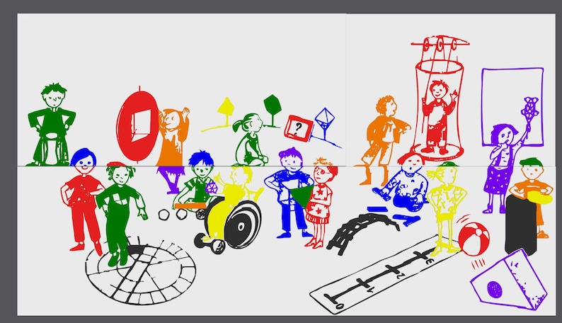 May include: A colorful illustration featuring children in various poses and activities. The artwork includes figures in green, red, blue, orange, yellow, and purple, with a wheelchair, a bridge, and a measuring tool. The style is reminiscent of a children's book.