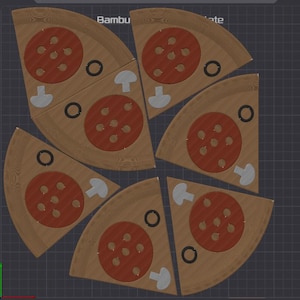 May include: Wooden pizza slices with pepperoni, mushrooms, and olives. The pizza slices are arranged on a grid. The word "Bambu" is visible on the top left of the image.