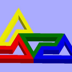 May include: An abstract geometric design made of four interlocking triangles. The triangles are yellow, red, green, and blue.