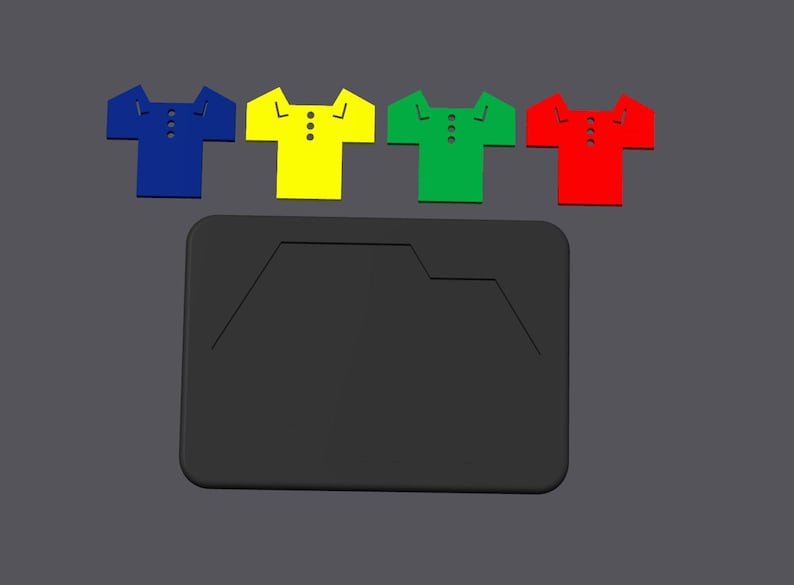Puede incluir: Una cartera rectangular negra con un dise&ntilde;o &uacute;nico, acompa&ntilde;ada de cuatro objetos con forma de camisa de color azul, amarillo, verde y rojo. Cada camisa tiene tres botones peque&ntilde;os.
