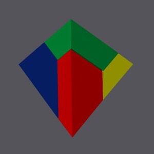 Op de afbeelding: Een geometrisch ontwerp in de vorm van een ruit, samengesteld uit verschillende gekleurde vormen. De kleuren zijn rood, groen, blauw en geel, tegen een grijze achtergrond. Het ontwerp heeft een 3D-uitstraling.