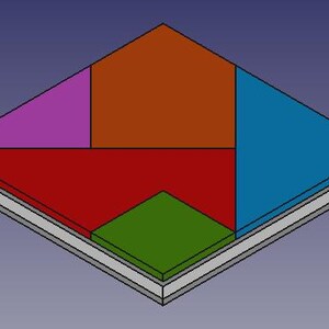 May include: A square puzzle with five pieces. The pieces are red, orange, green, purple, and blue. The puzzle is set on a white background.
