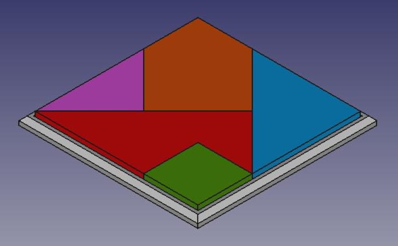 May include: A square puzzle with five pieces. The pieces are red, orange, green, purple, and blue. The puzzle is set on a white background.