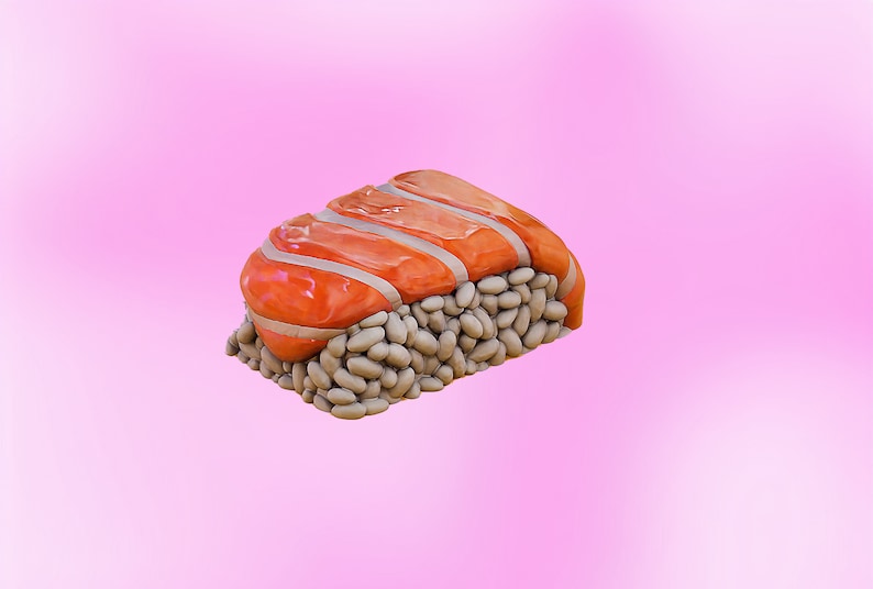 May include: A single piece of salmon sushi with a pink background. The sushi is made with white rice and topped with a slice of salmon.