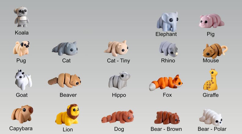 Puede incluir: Un conjunto de 15 peque&ntilde;as figuritas de animales segmentadas y coloridas. Los animales incluyen un koala, un elefante, un cerdo, un pug, un gato, un rinoceronte, un rat&oacute;n, una cabra, un castor, un hipop&oacute;tamo, un zorro, una jirafa, un capibara, un le&oacute;n, un perro y dos osos.
