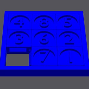 May include: A blue plastic puzzle with a grid of nine squares. Each square has a number from 1 to 7, except for one square that is empty.