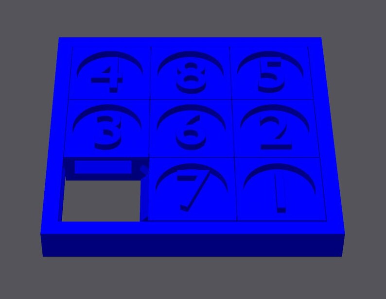 May include: A blue plastic puzzle with a grid of nine squares. Each square has a number from 1 to 7, except for one square that is empty.