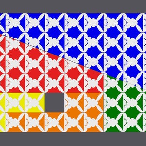 May include: A geometric pattern with a white design on a blue, red, yellow, and green background. The pattern is divided into four sections by a diagonal line.